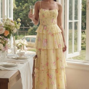 Tiered Corset Floral Yellow Wedding Guest Dress