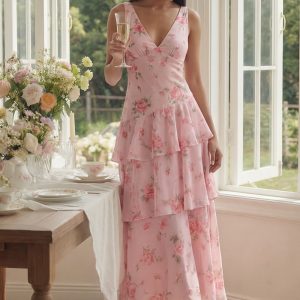 Tiered A Line Floral Pink V Neck Wedding Guest Dress
