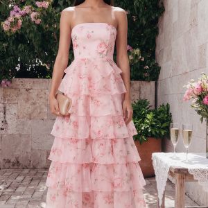 Tiered Strapless Floral Pink Wedding Guest Dress