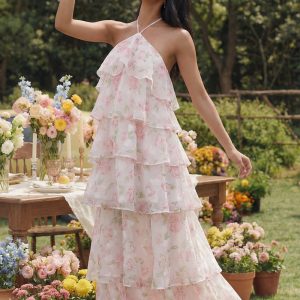 Tiered Halter Floral Pink Maxi Wedding Guest Dress
