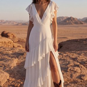 Tiered Ruffled V Neck Ivory Maxi Boho Wedding Dress