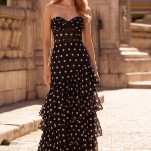 Tiered Strapless Polka Dot Black Corset Prom Dress