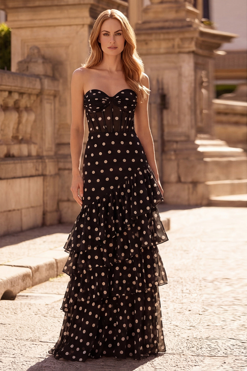 Tiered Strapless Polka Dot Black Corset Prom Dress