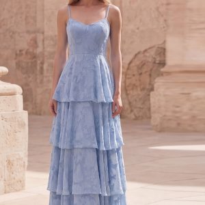 Tiered Jacquard Dusty Blue Maxi Prom Dress