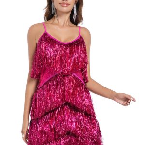 Tiered Fuchsia Fringed Sheath Cocktail Dress